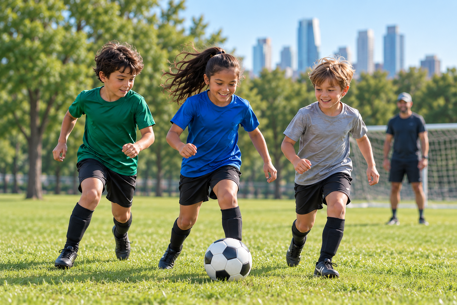 Niños jugando al fútbol juntos en un campo.